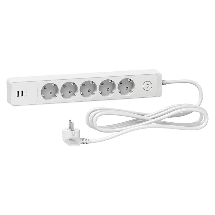 Schneider Electric Base de enchufe múltiple con USB - Blanco, Longitud del cable: 3 m, IP20, Con interruptor, 5 ud. - Regleta alargada blanca con seis enchufes y dos puertos USB, ideal para uso doméstico o en la oficina.