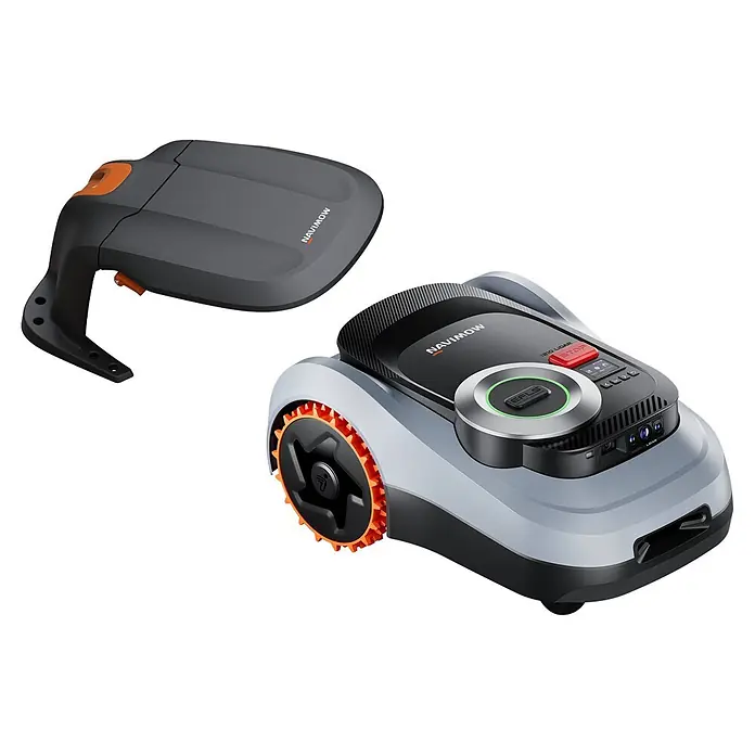 Segway Mähroboter-Set Navimow I210E LiDAR - 1.000 m², Schnittbreite: 22 cm, Laser-gestützte Navigation, LiDAR - Grauer und schwarzer NAVIMOW Mähroboter mit orangefarbenen Profilrädern, Bedienfeld und separater schwarzer Ladestation mit orangefarbenen Akzenten.