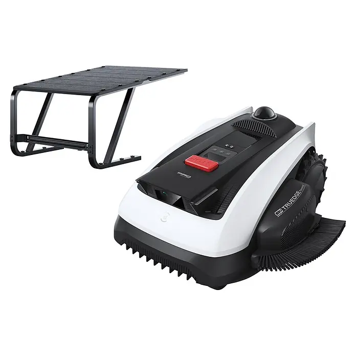 Ecovacs Goat Mähroboter-Set O1200 LiDAR Pro - 1.200 m², Schnittbreite: 22 cm, Laser-gestützte Navigation, LiDAR - Fortschrittlicher weiß-schwarzer Mähroboter mit Kantenschneider und schwarzem Latten-Schutzdach.