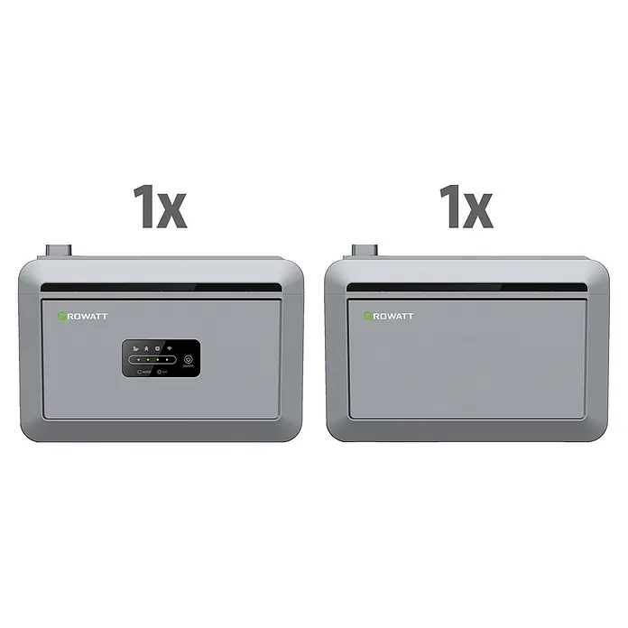 Growatt Batteriespeicher-Set NEXA - 0% MwSt. gem. § 12 Abs. 3 UStG - Nennleistung: 2.000 W - Zwei graue Growatt Wechselrichter, einer mit LED-Anzeige und Bedienelementen, der andere eine schlichte Einheit.