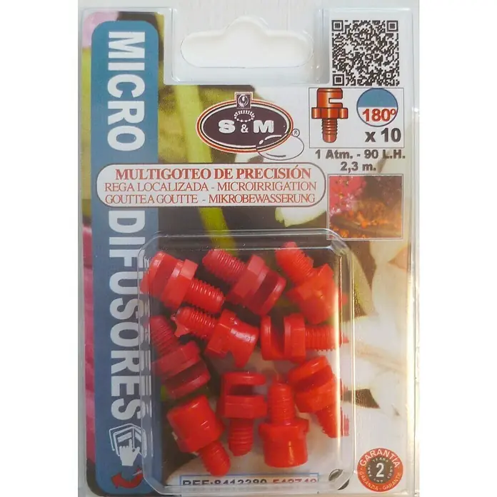 Tobera pulverizadora microdifusora 180º L/H 90 - 10 ud., Formas de riego: 180° - Paquete de 10 microdifusores rojos S&M para riego preciso y localizado, ideal para jardines y agricultura.