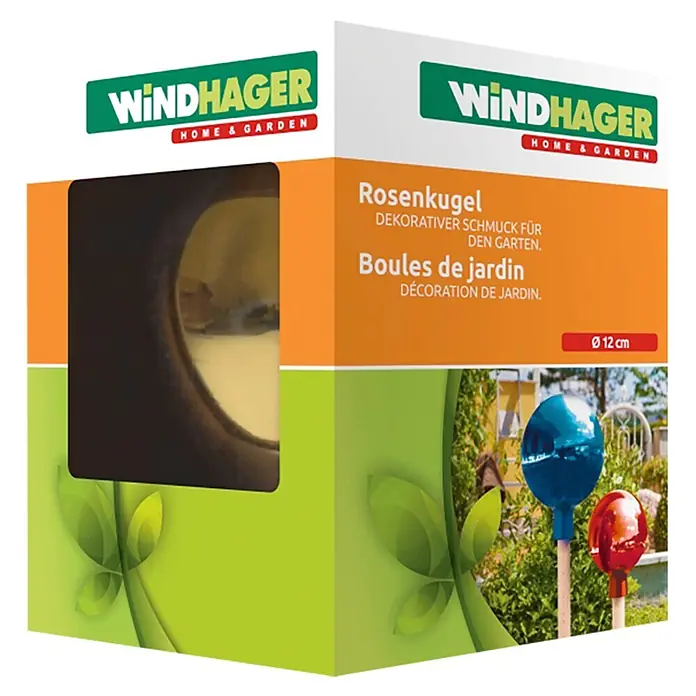 Windhager Deko-Kugel - Durchmesser: 12 cm, Rot, Glas - Windhager Rosenkugel (Ø 12 cm) in Gold, auf der Verpackung abgebildet, mit weiteren blauen und roten Kugeln im Garten.