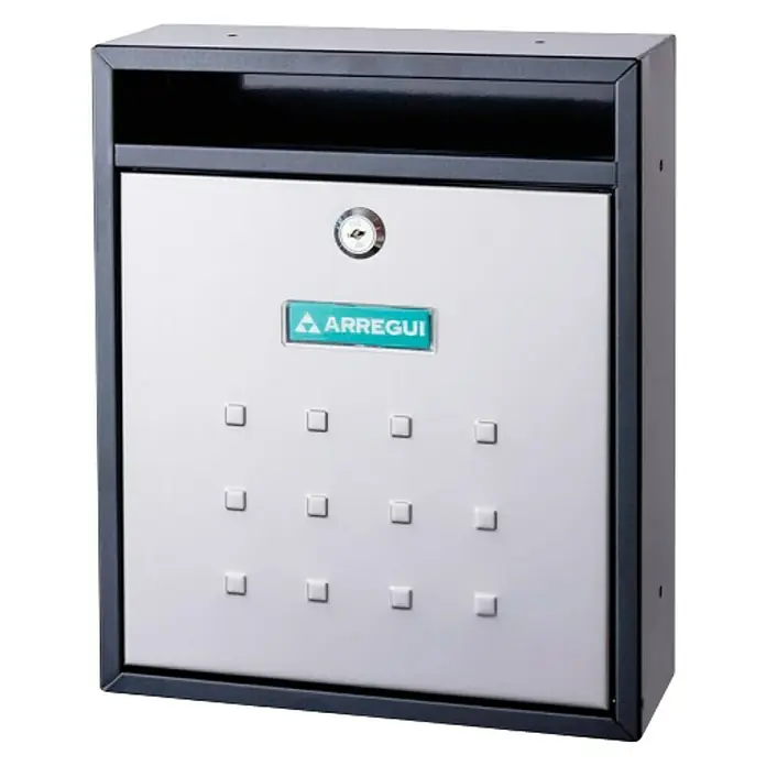 Arregui Mira Buzón de pared V1300 - L x An x Al: 26 x 9 x 31 cm, Negro/Inox, Acero - Buzón de metal con compartimento plateado y marco negro. Ideal para uso exterior para recibir correo.
