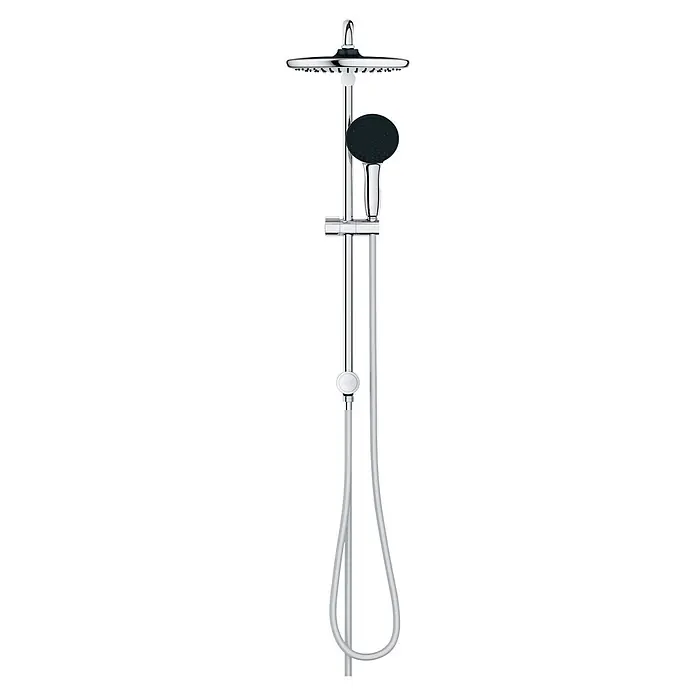 Grohe Conjunto de ducha - Distancia entre orificios: 62 cm, Tipos de chorro: Rain, SmartRain, Jet, Cromo - Sistema de ducha cromado con gran rociador de lluvia, teleducha negra, dial selector y manguera gris claro.