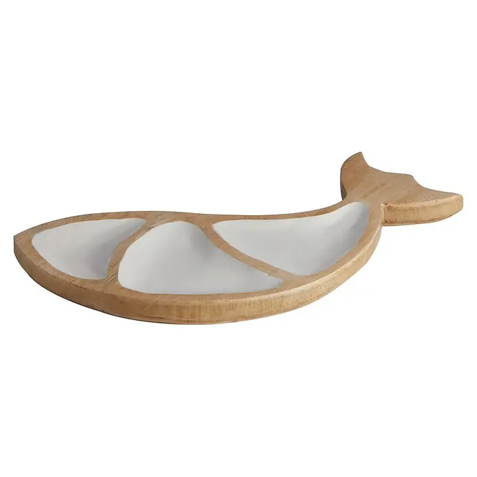 Marine Business Cocoa Set de vajilla Ballena - Madera, Blanco - Bandeja de madera con forma de pez y tres compartimentos blancos.