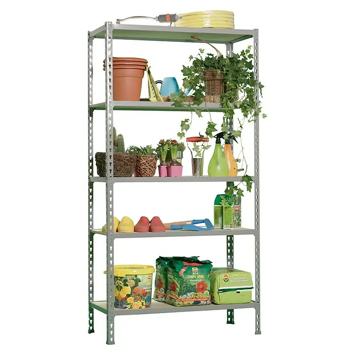 Simonrack Maderclick Metallregal Maderclick Mini - H x B x T: 180 x 80 x 30 cm, Traglast pro Boden: 150 kg, Anzahl Böden: 5 Stk., Stecken, Grau - Regal mit Gartenartikeln, darunter Töpfe, Pflanzen, Werkzeuge und Blumenerde, ideal für die Organisation von Gartenbedarf.