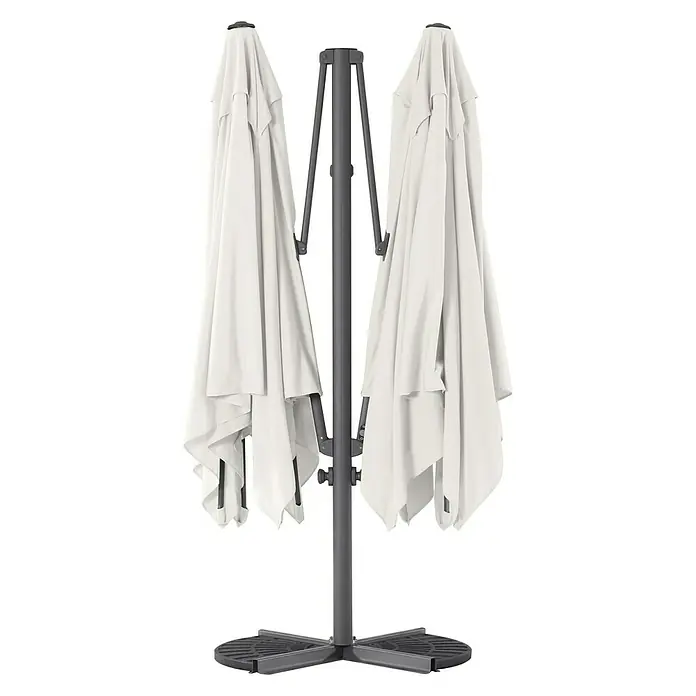 Sunfun Parasol de jardín Doble Ligurien - Crudo, Diámetro de cobertura: 290 cm - Un doble parasol gris con tela blanca, cerrado sobre un soporte gris. Ideal para la sombra en el jardín.