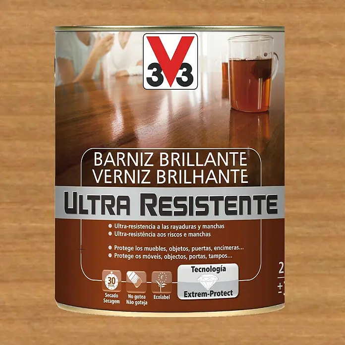 V33 Barniz para madera Brillante Ultra Resistente - Roble oscuro, Brillante, 750 ml - Bote de barniz de madera brillante, muy resistente a las rayaduras y manchas, ideal para proteger muebles de madera.