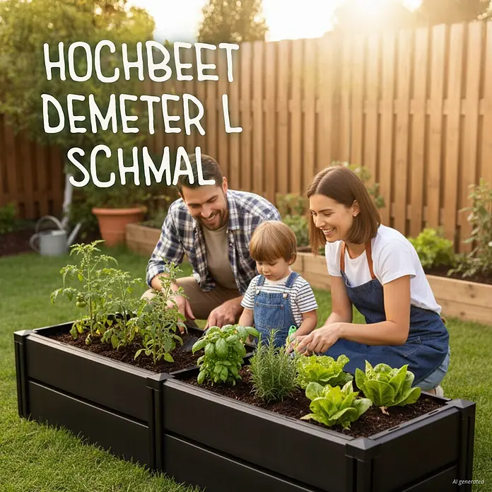 KHW Hochbeet Demeter - L schmal - 158 x 44 x 31 cm, Kunststoff, Anthrazit - Schwarzes Hochbeet in einem Garten, von einer Familie zum Pflanzen von Kräutern und Gemüse genutzt.