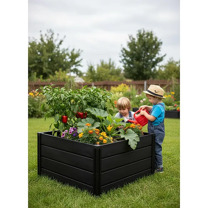 KHW Hochbeet Demeter M - 82 x 82 x 61 cm, Kunststoff, Anthrazit - Schwarzes Hochbeet mit Pflanzen, das von zwei Kindern zum Gärtnern genutzt wird.