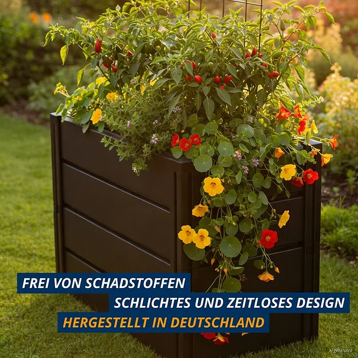 KHW Hochbeet Demeter - M schmal - 82 x 44 x 61 cm, Kunststoff, Anthrazit - Dunkelbrauner Hochbeet-Pflanzkasten, gefüllt mit bunten Chilipflanzen und Blumen im sonnigen Garten.