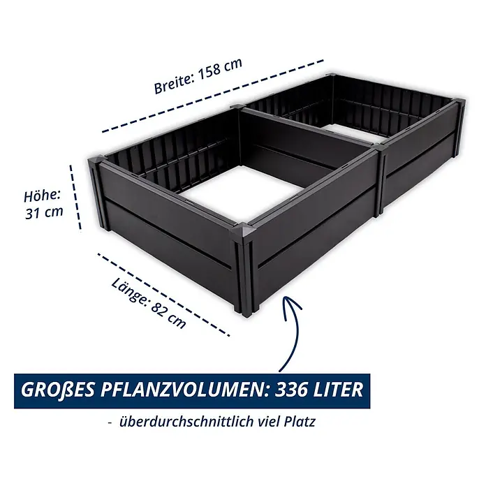 KHW Hochbeet Demeter L - 158 x 82 x 31 cm, Kunststoff, Anthrazit - Schwarzes, modulares Hochbeet mit Maßen: Höhe 31 cm, Breite 158 cm, Länge 82 cm und Volumen von 336 Litern.