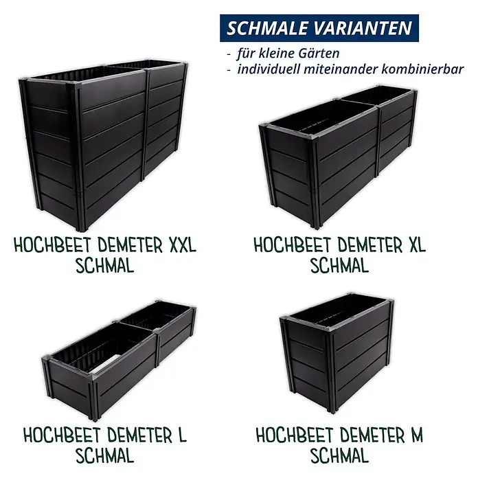 KHW Hochbeet Demeter - M schmal - 82 x 44 x 61 cm, Kunststoff, Anthrazit - Vier schmale, schwarze, modulare Hochbeete (XXL, XL, L, M) für kleine Gärten.