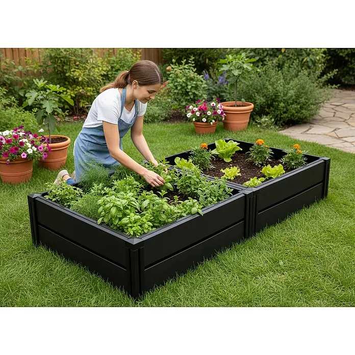 KHW Hochbeet Demeter L - 158 x 82 x 31 cm, Kunststoff, Anthrazit - Frau pflegt zwei schwarze Hochbeete.