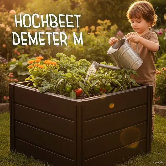 KHW Hochbeet Demeter M - 82 x 82 x 61 cm, Kunststoff, Anthrazit - Dunkelbraunes Hochbeet mit Pflanzen, das von einem Kind in einem sonnigen Garten gegossen wird.