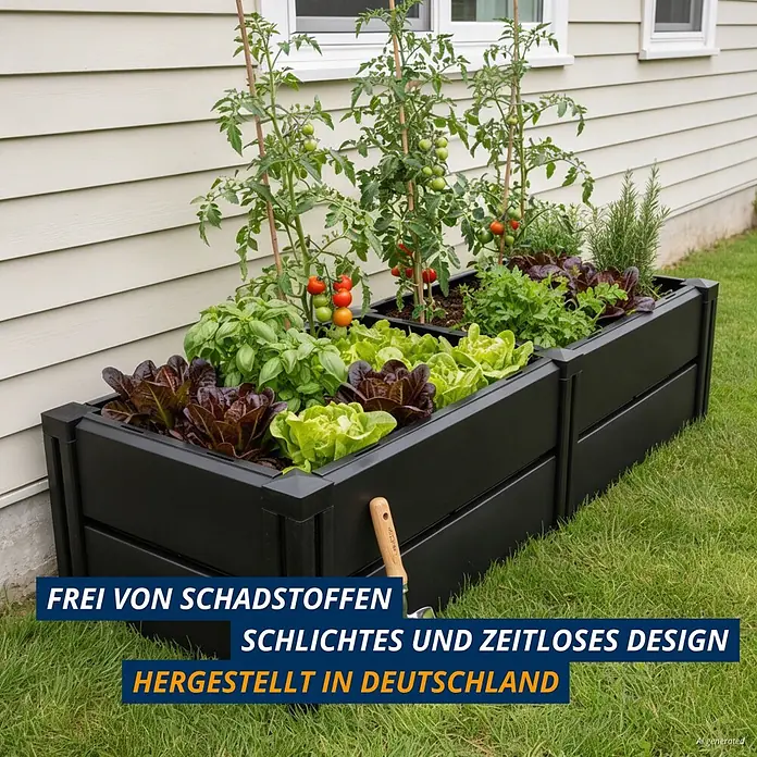 KHW Hochbeet Demeter - L schmal - 158 x 44 x 31 cm, Kunststoff, Anthrazit - Schwarzes Hochbeet gefüllt mit Tomaten, Salat und Kräutern, in einem Garten neben einem Haus.