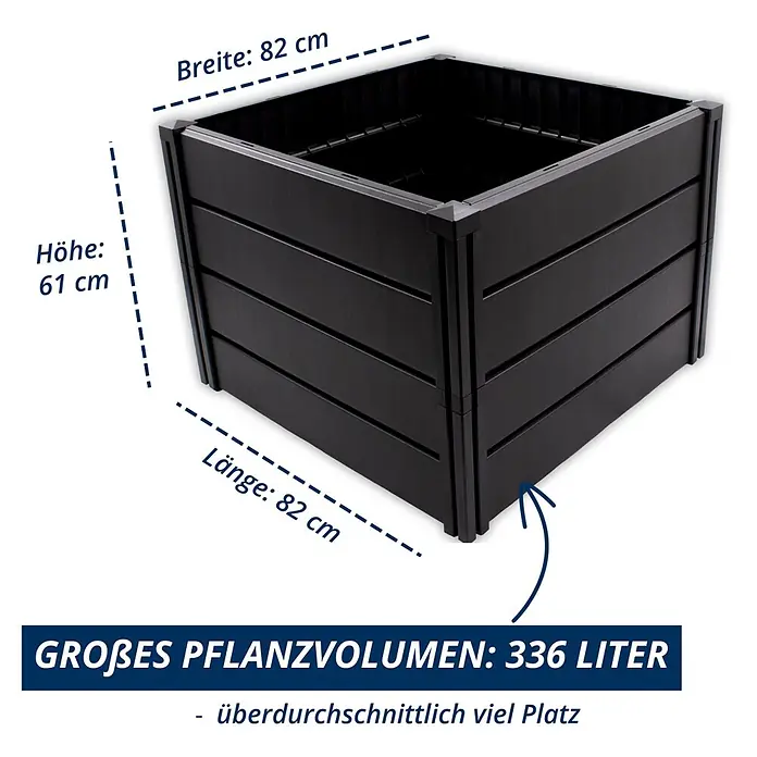 KHW Hochbeet Demeter M - 82 x 82 x 61 cm, Kunststoff, Anthrazit - Schwarzes quadratisches Hochbeet (82x82x61 cm) mit 336 Litern Pflanzvolumen.