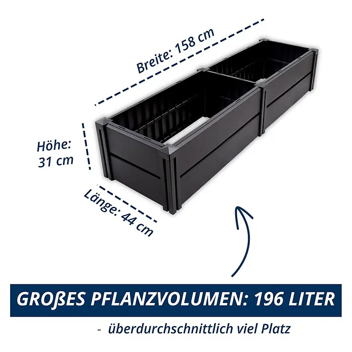 KHW Hochbeet Demeter - L schmal - 158 x 44 x 31 cm, Kunststoff, Anthrazit - Dunkelgraues rechteckiges Pflanzgefäß mit Maßen: H 31cm, B 158cm, L 44cm, Volumen 196 Liter.