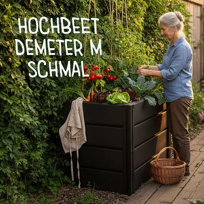 KHW Hochbeet Demeter - M schmal - 82 x 44 x 61 cm, Kunststoff, Anthrazit - Robustes schwarzes Hochbeet, bepflanzt mit Gemüse, wird von einer Person bearbeitet.