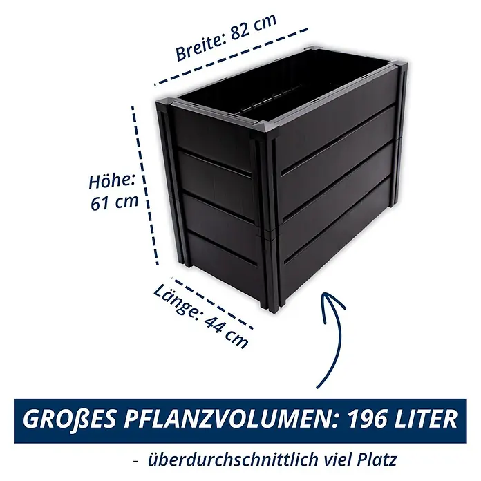 KHW Hochbeet Demeter - M schmal - 82 x 44 x 61 cm, Kunststoff, Anthrazit - Großer schwarzer rechteckiger Pflanzkasten (82x44x61 cm) mit 196 Litern Pflanzvolumen.