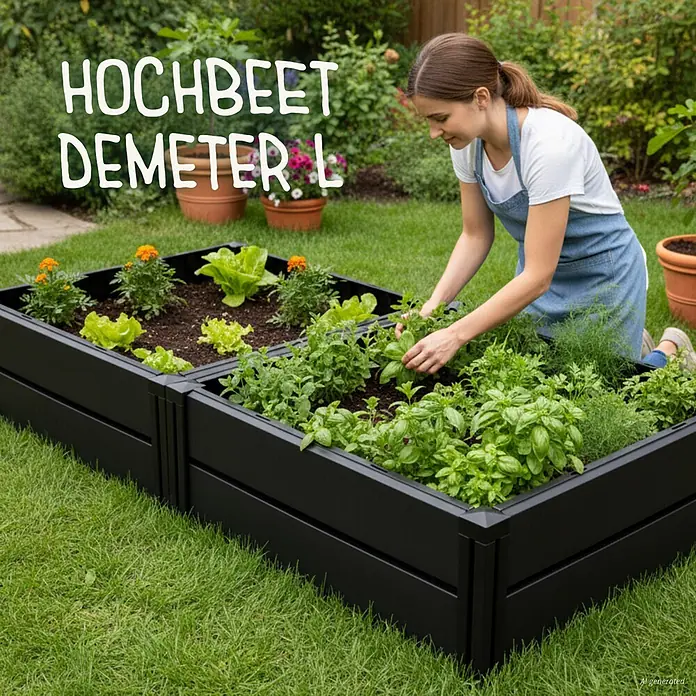KHW Hochbeet Demeter L - 158 x 82 x 31 cm, Kunststoff, Anthrazit - Schwarzes Hochbeet in einem Garten, gefüllt mit Pflanzen, eine Frau gärtnert.