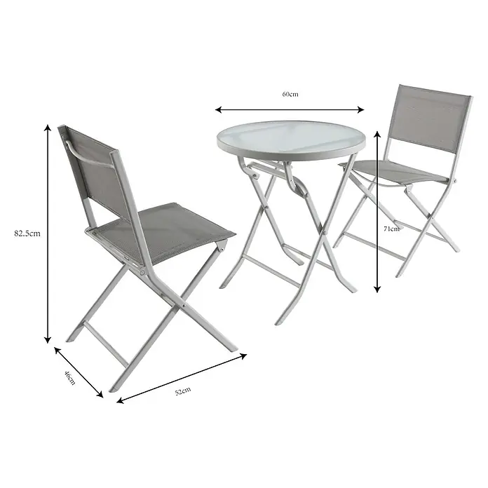 Sunfun Conjunto de muebles de balcón Miren - 3 pzs. - Conjunto bistró plegable gris: mesa redonda de cristal (Ø60cm, 71cm A) y dos sillas (82.5cm A).