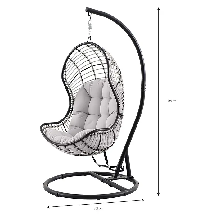 Sunfun Hamaca colgante Cozumel - Antracita, Altura: 196 cm - Elegante silla colgante de huevo de metal negro con cesto de estilo ratán gris y cojín grueso gris, sobre un soporte curvado negro.
