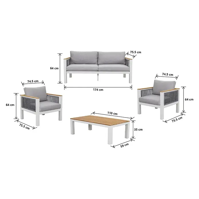 Sunfun Conjunto de muebles Samay - 4 pzs., Aluminio/Cuerda sintética, Gris/Blanco - Conjunto de salón exterior gris con marcos blancos y detalles de madera, incluye sofá, dos sillones y mesa de centro, con medidas.