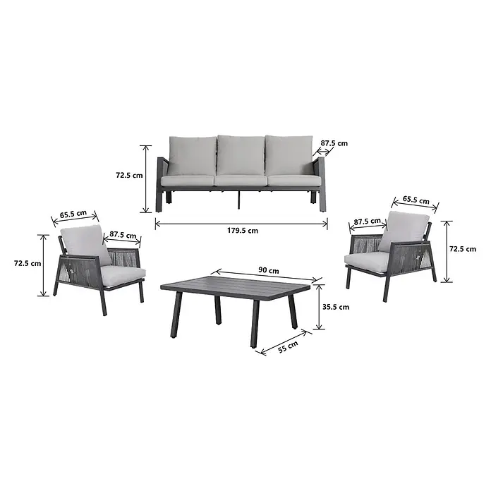 Sunfun Conjunto de muebles Keira - 4 pzs., Aluminio, Antracita - Conjunto de salón exterior gris oscuro con sofá de tres plazas, dos sillones y mesa de centro, cojines grises claros y detalles de cuerda.