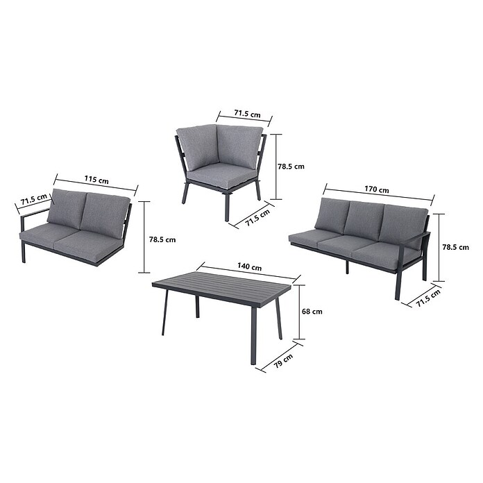Conjunto de muebles Freya (3 pzs., Aluminio, Antracita) | BAUHAUS