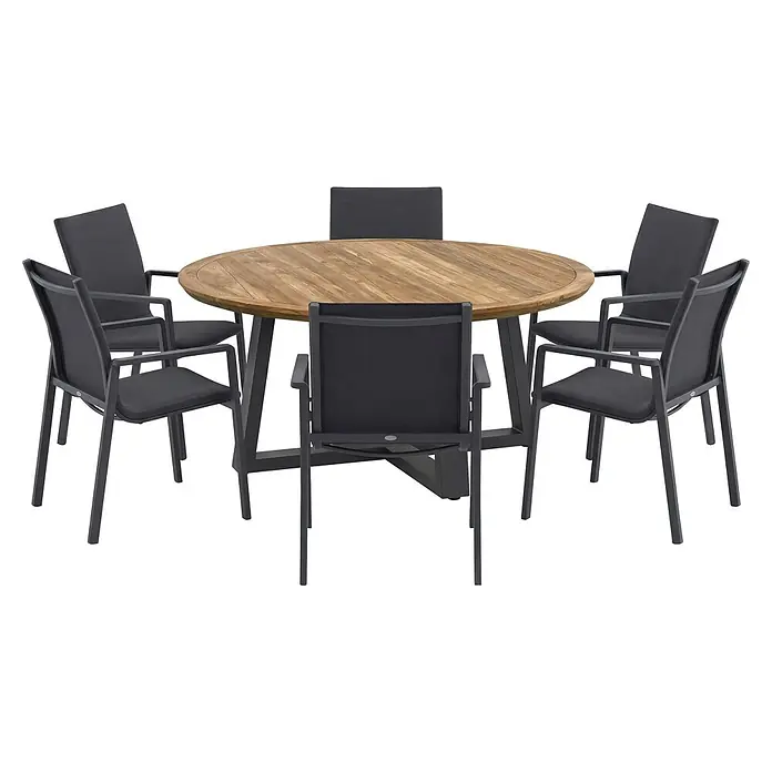 Sunfun Gartenmöbel-Set Lumar - 8 -tlg., Aluminium, Teak, Textil, Night-Grey/Hellbraun - Runder Holztisch für den Außenbereich mit sechs dunkelgrauen Stühlen.