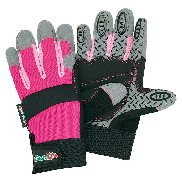 Gardol Gartenhandschuhe Geräte9, Pink - Ein Paar rosa und graue Gartenhandschuhe für sicheren Halt und Schutz bei der Gartenarbeit.