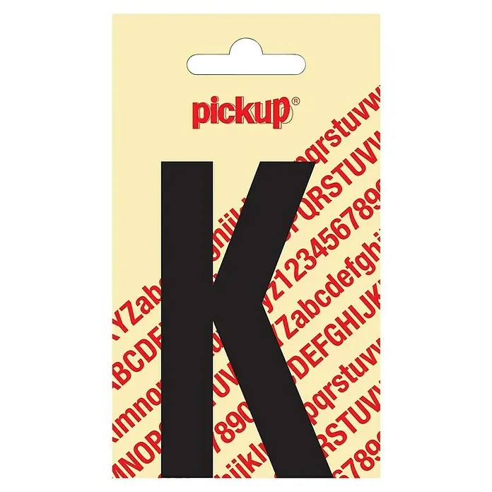Pickup Aufkleber - Motiv: K, Schwarz, Höhe: 90 mm - Aufkleber "Pickup K" mit schwarzem Buchstaben auf beigem Grund mit roten Buchstaben und Zahlen.
