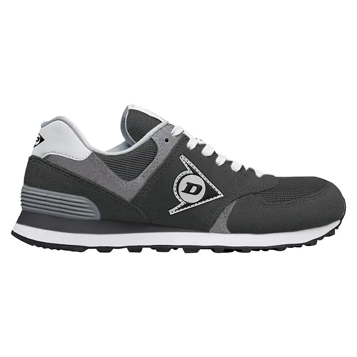 Dunlop Zapato bajo de seguridad Flying Wing - 38, Gris hormigón - Zapatillas grises Dunlop con suela y cordones blancos. El logotipo es claramente visible, y el diseño es deportivo clásico.