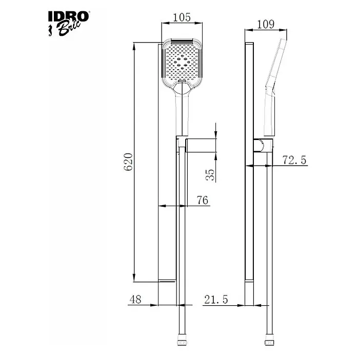 Set de ducha Tao - Distancia entre orificios: 15 cm, Negro - Dibujo técnico de un cabezal de ducha de mano con soporte de pared y dimensiones.