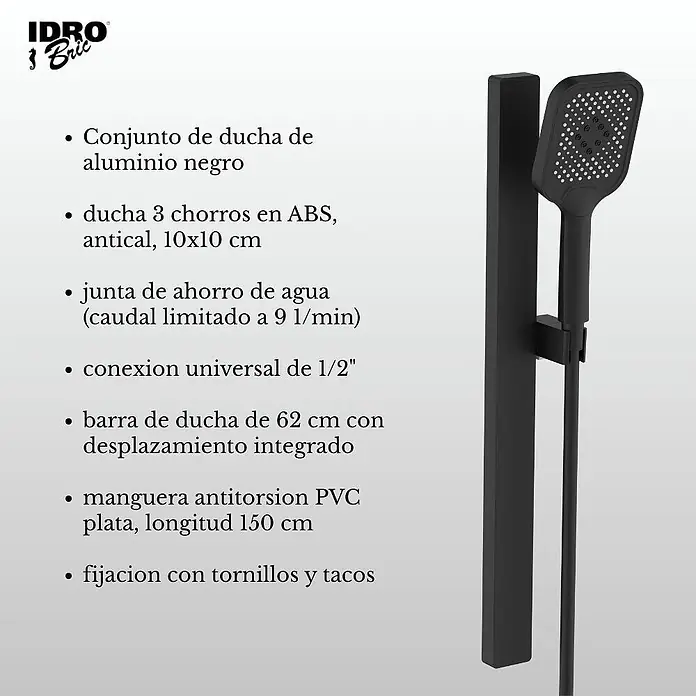 Set de ducha Tao - Distancia entre orificios: 15 cm, Negro - Conjunto de ducha de aluminio negro con cabezal cuadrado y barra de 62 cm.