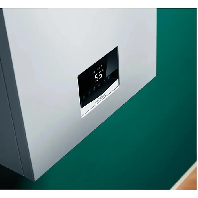 Vaillant Caldera Ecotec Intro 24 - 24 W, 8 l, Display LED - Caldera mural blanca con pantalla digital negra que muestra 55°C y la marca ecoTEC intro.