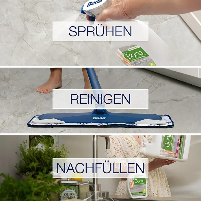 Bona Fliesen- & Laminatreiniger für Hartböden - 1 l, Flasche mit Sprühpistole - Bona Bodenreiniger-Spray, Mopp und Nachfüllflasche zeigen einen 3-Schritt-Reinigungsprozess.