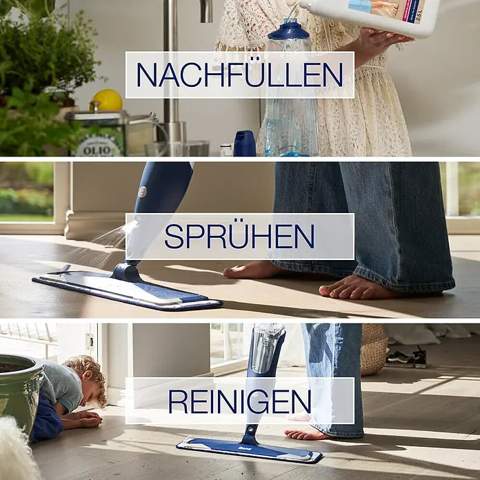 Bona Parkettreiniger - 2,5 l, Nachfüllkanister - Drei Bilder zeigen die Bona Bodenreinigung: Nachfüllen eines Sprühwischers, Aufsprühen des Reinigers und Wischen des Bodens.