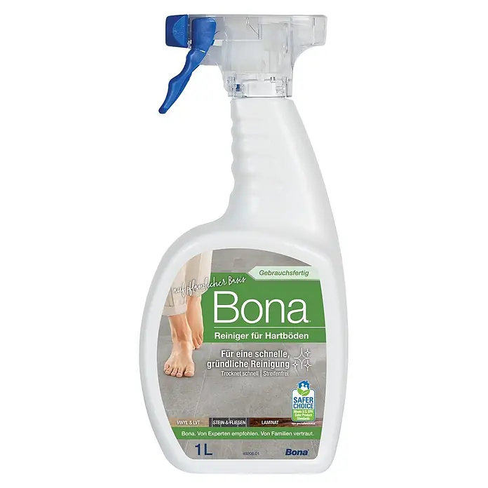 Bona Fliesen- & Laminatreiniger für Hartböden - 1 l, Flasche mit Sprühpistole - Weiße Bona Hartbodenreiniger-Sprühflasche mit blauem Abzug. Pflanzliche Formel für verschiedene Böden, Safer Choice zertifiziert.