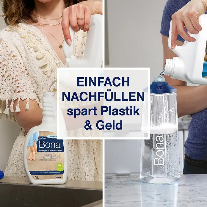 Bona Parkettreiniger - 4 l, Nachfüllkanister - Eine Person füllt Bona Bodenreiniger von einer Nachfüllflasche in eine Sprühflasche um, um Plastik und Geld zu sparen.