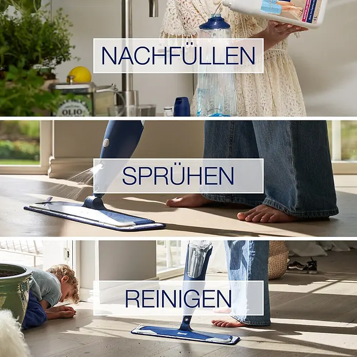 Bona Parkettreiniger - 4 l, Nachfüllkanister - Drei Bilder zeigen das Nachfüllen des Bona Bodenreinigers, das Sprühen mit einem Mopp und das Reinigen eines Holzbodens mit dem Mopp.