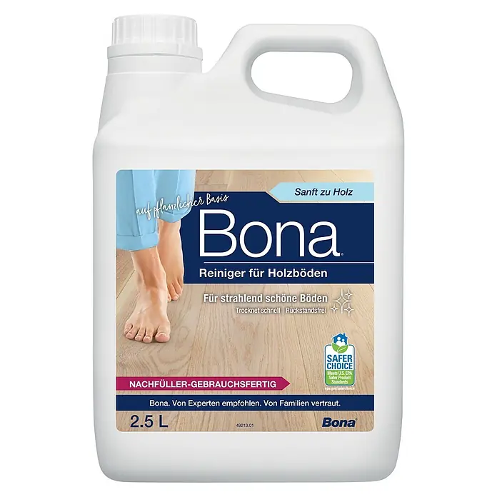 Bona Parkettreiniger - 2,5 l, Nachfüllkanister - Weiße 2,5L Bona Holzreiniger Nachfüllflasche mit Griff, geriffeltem Verschluss und Etikett.