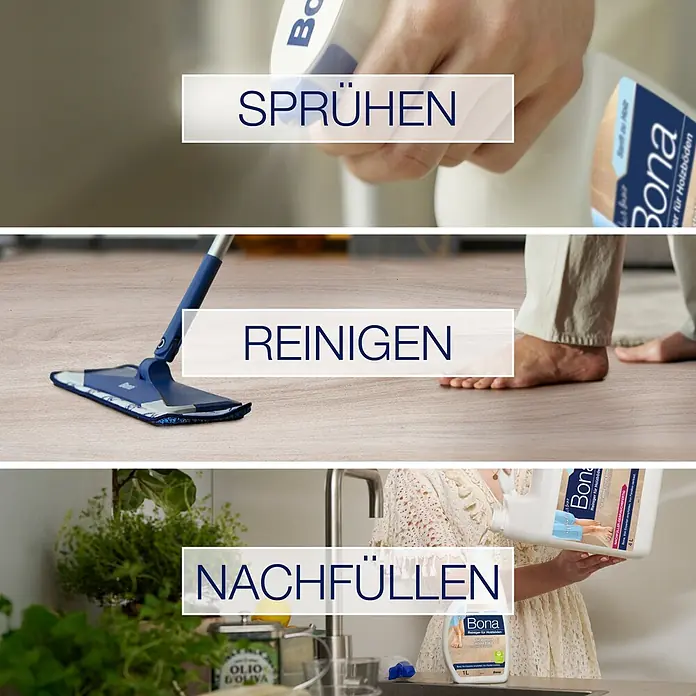Bona Parkettreiniger - 1 l, Flasche mit Sprühpistole - Dreiteiliges Bild: Bona Reiniger wird gesprüht, ein Bona Mopp reinigt Holzboden, Bona Nachfüllflasche wird verwendet.