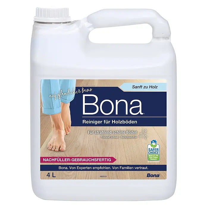 Bona Parkettreiniger - 4 l, Nachfüllkanister - Großer weißer 4L Bona Holzreiniger-Nachfüllkanister aus Kunststoff mit farbigem Etikett.