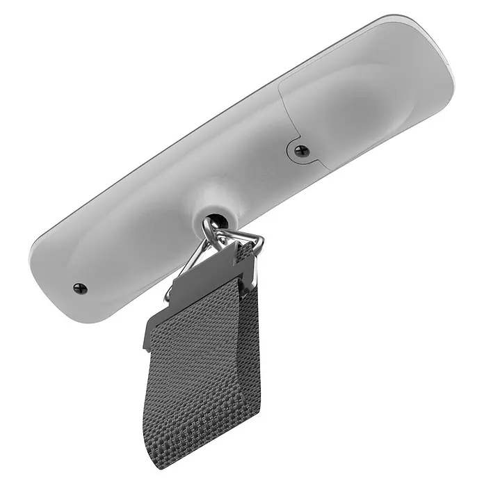 Scape Báscula digital de cocina - Capacidad de carga hasta 50 kg - Mango gris de extremos redondeados, con una correa textil gris oscuro sujeta por un anillo metálico y tornillos.