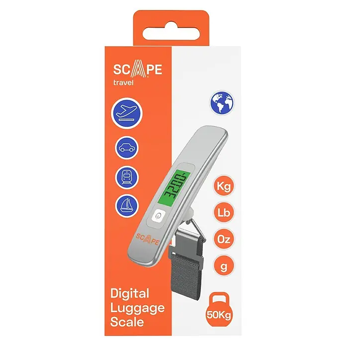 Scape Báscula digital de cocina - Capacidad de carga hasta 50 kg - Báscula digital de equipaje SCAPE gris plata con correa negra, pantalla verde (32,00kg) y capacidad máxima de 50kg.