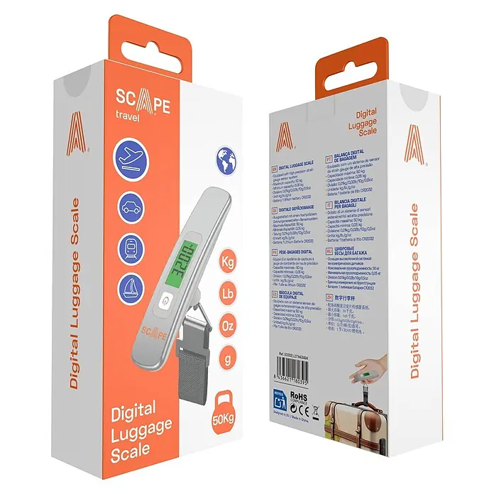 Scape Báscula digital de cocina - Capacidad de carga hasta 50 kg - Envase naranja y gris para báscula de equipaje digital, muestra báscula plateada, íconos de viaje y mano pesando maleta. Max 50kg.