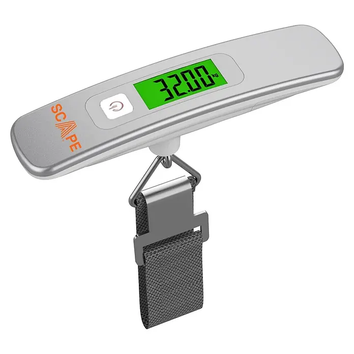 Scape Báscula digital de cocina - Capacidad de carga hasta 50 kg - Báscula digital de equipaje plateada con pantalla verde mostrando '32.00 kg' y correa de tela gris.
