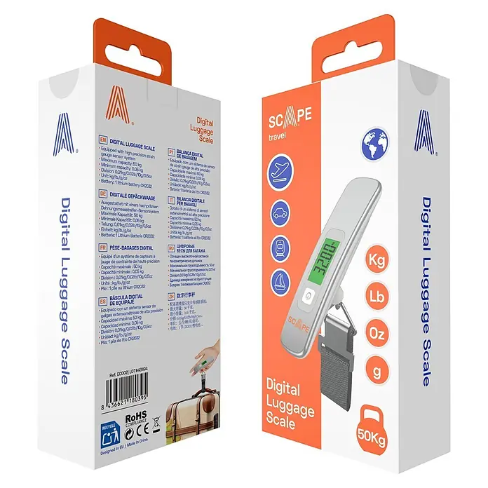 Scape Báscula digital de cocina - Capacidad de carga hasta 50 kg - Una báscula digital de equipaje gris plateado con pantalla verde, mostrada en su embalaje, indicando una capacidad de 50 kg.